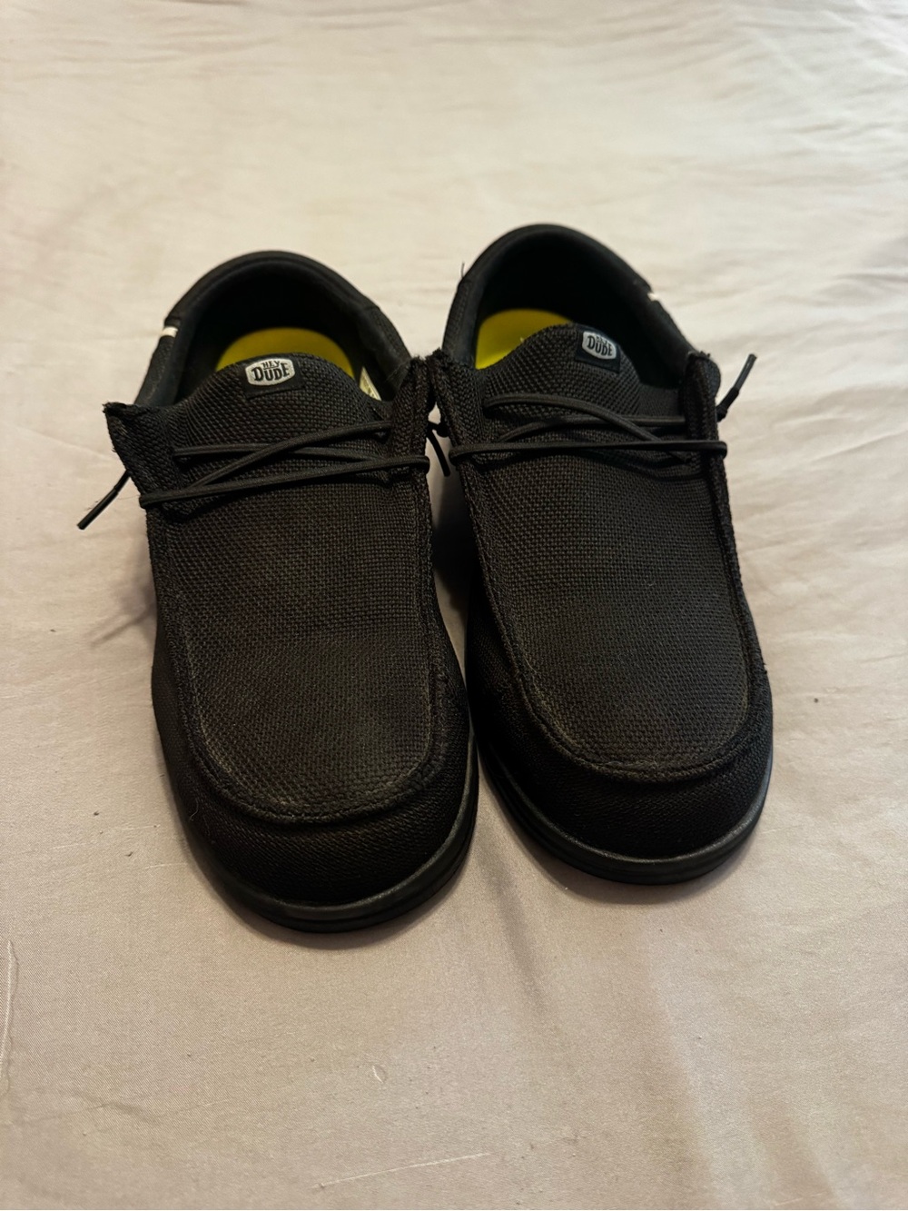 Black steel toe Hey Dudes, work shoes